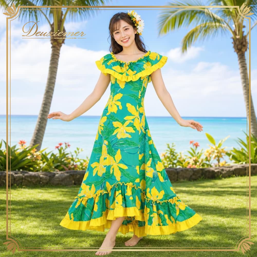 フラダンス ワンピース 紫と白の花柄 紫のフリル付 黄色黄緑色 フラダンスドレス ドレス・ワンピース | ダンス 衣装 deuxiemer
