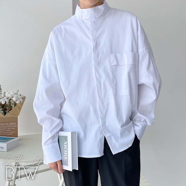 【韓国メンズファッション】スタンドカラードロップショルダーシャツ ゆったり シンプル 長袖 BW2214