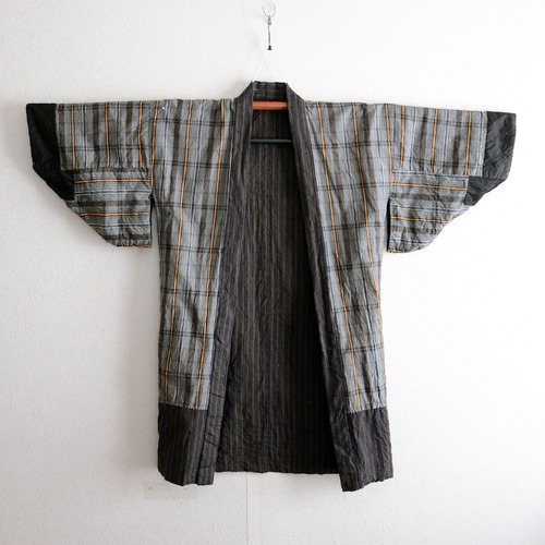 野良着古着木綿着物ジャケット格子縞模様ジャパンヴィンテージ昭和リメイク素材 | noragi jacket kimono cotton japanese fabric vintage checkered pattern stripe
