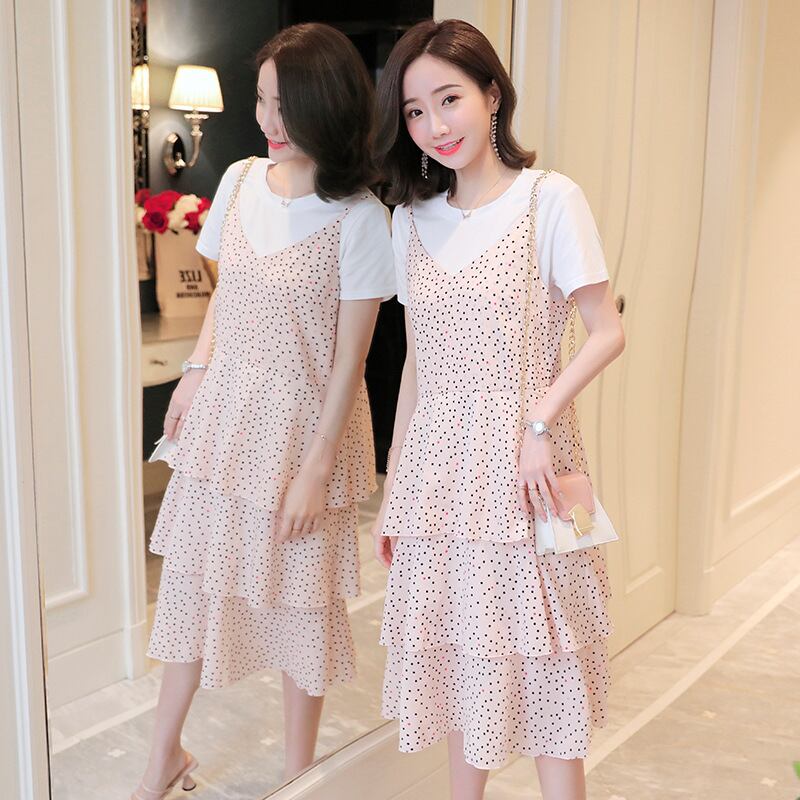 【新作】【送料無料】 マタニティウェア2019夏の新しいシフォン水玉ミドル丈サスペンダースカート+ Tシャツ妊娠中のツーピースセット-アリババ サマー 夏物 expec241101592992