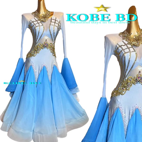 【社交ダンスドレス】【セミオーダースタンダードドレス】⭐️【商品番号 229 A 】パステルブルー&ジョーゼットグラデーション白to水色 ワルツ スロー