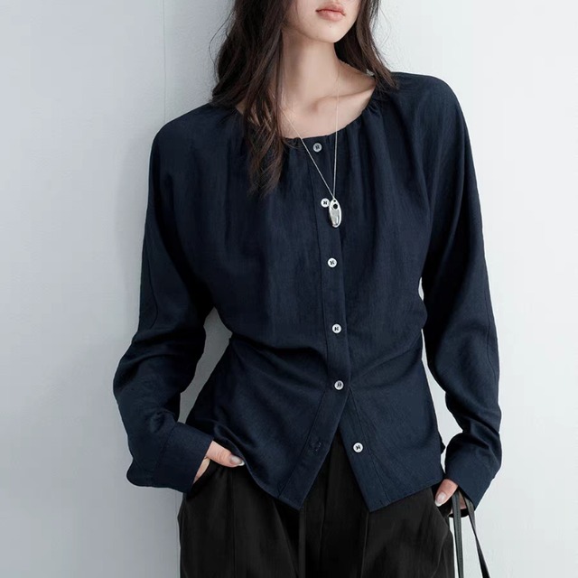 ギャザー寄せノーカラーウエストリボン付きデニムブラウス　　1352