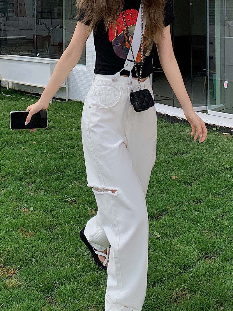 ジーンズ サマー薄手ホワイトハイウェストウェストルーズパンツ 夏物 ブラックストロベリース94479748577