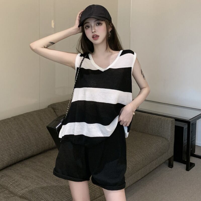 スタイルサマールーズカジュアルストライプニットワイドレッグショーツ 夏物 ブルマー ワイドパンツ ハンチェンe50509586887