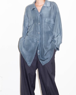 1990s open collar double flap pocket silk shirt / Blue Grey