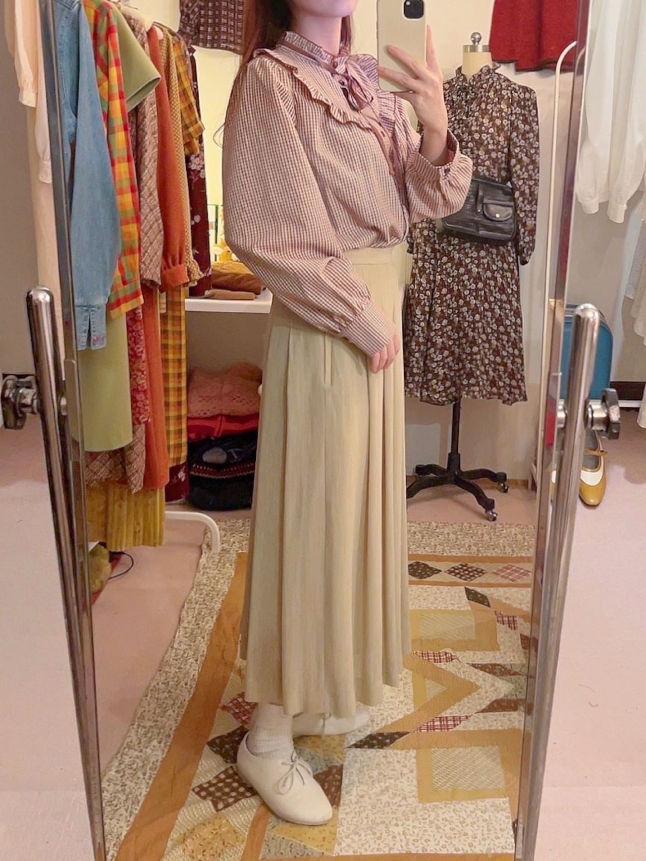 brown gingham check frill ribbon blouse