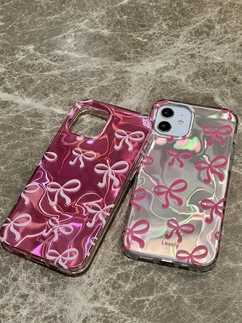 送料無料【予約商品】　(0169）リボン　ミラー　ピンク　ホワイト　韓国　iPhone  iPhoneケース　スマホケース