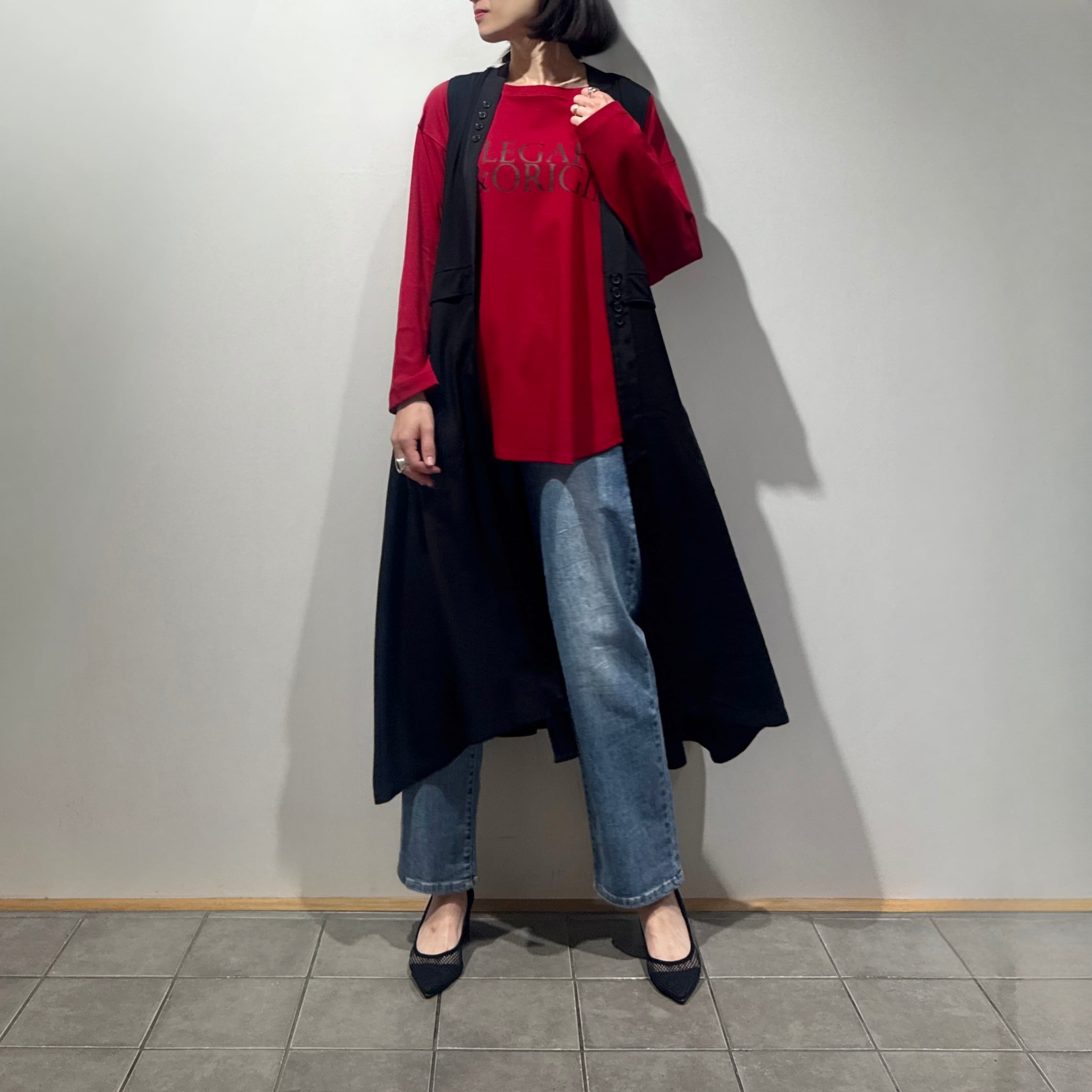 フロントフェイクボタンロングジレ