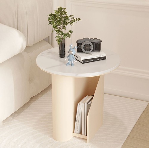 サイドテーブル　丸　コーヒーテーブル　ソファ横　ベッド横　テーブル　丸型　おしゃれ　石の平板　白　ホワイト