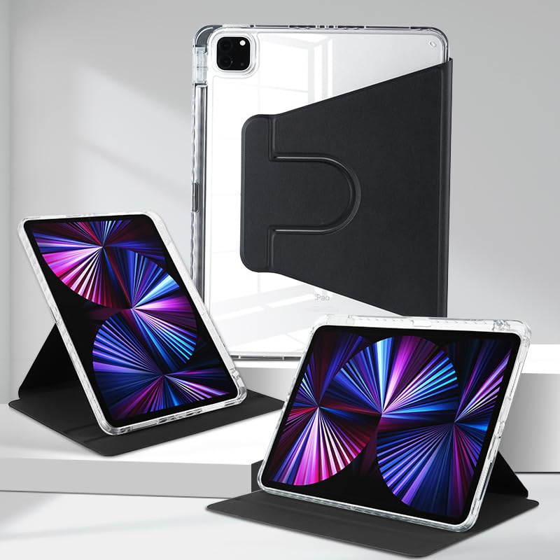 iPad Air 11インチ (M2) ケース (2024) iPad Air 第5世代 / 第4世代 ケース iPad Air6 / Air5 / Air4 (2024/2022/2020) ケース ipad ケース 11インチ 透明 縦置き 横置き 360°回転スタンド オートスリープ/ウェイク機能対応 ペン収納 Pencil対応 薄型 軽量 傷防止 耐衝撃 着脱簡単 - ブラック