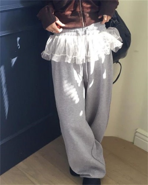 オンリーワントゥーユー韓国ファッション レース スラックス レース装飾 快適である 厚め ゆったりする 足を束ねる ししゅう カジュアルパンツ ロングパンツ レディース