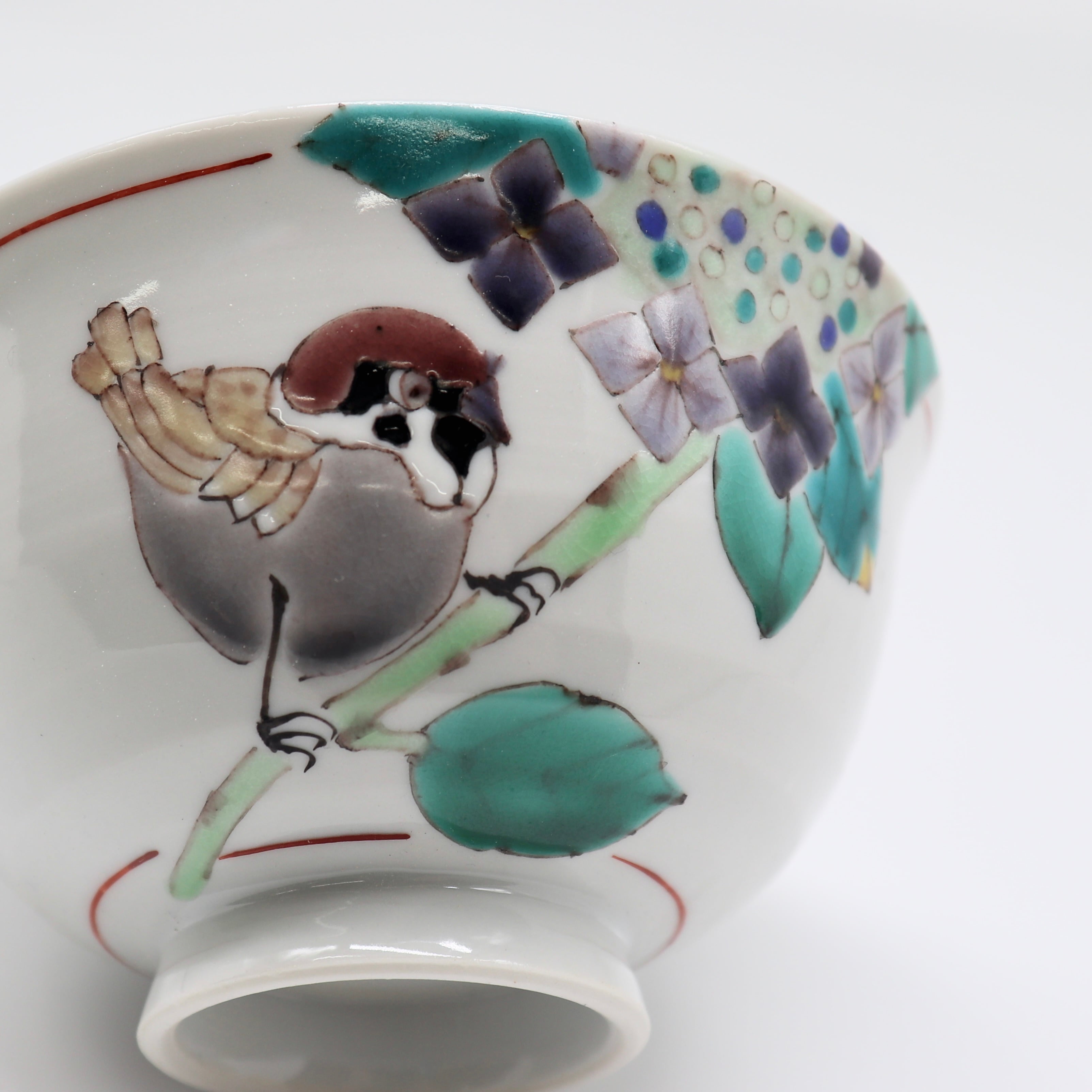 九谷焼 大志窯】色絵花鳥 飯碗 〜額紫陽花に雀〜 | 九谷焼 大志窯