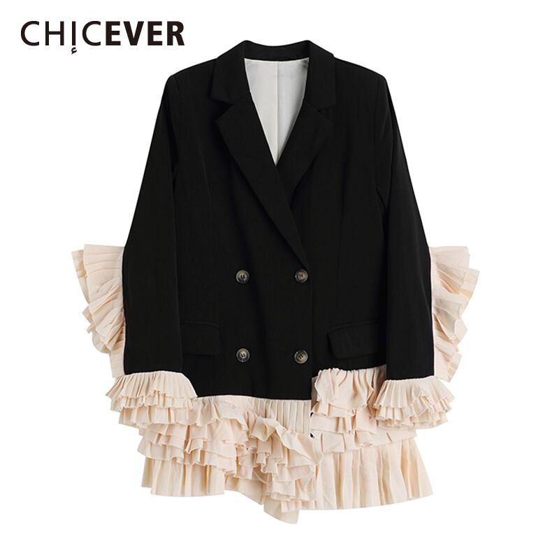 CHICEVERブラックブレザーレディースノッチフレア長袖パッチワークフリルeヒットカラーストリートウェアコート2021タイド ロング ラッフル 6base597953038356