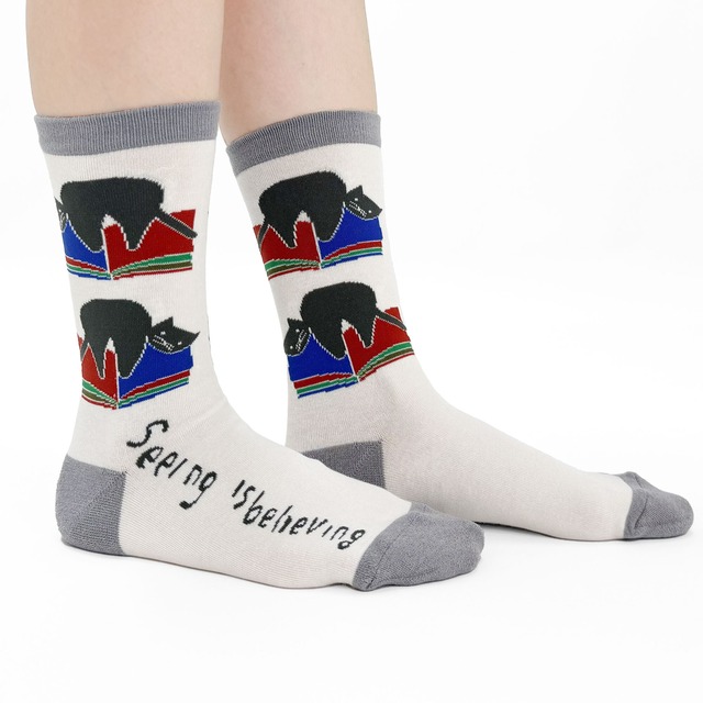 【JIN KITAMURA】北村人 SOCKS BLACK CAT ON BOOK ソックス 本の上の黒猫