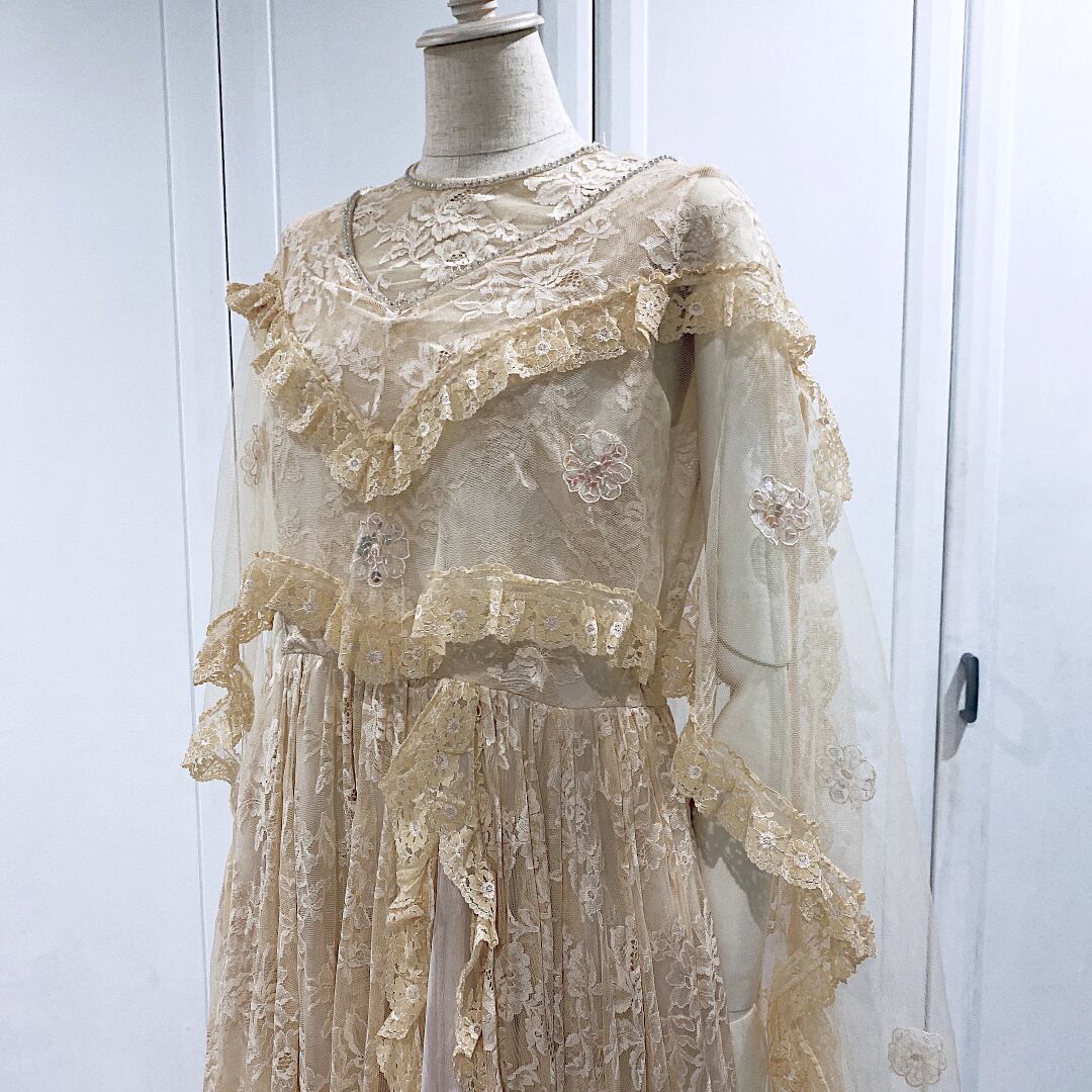 日本製ベージュレースマントヴィンテージウエディングドレス
