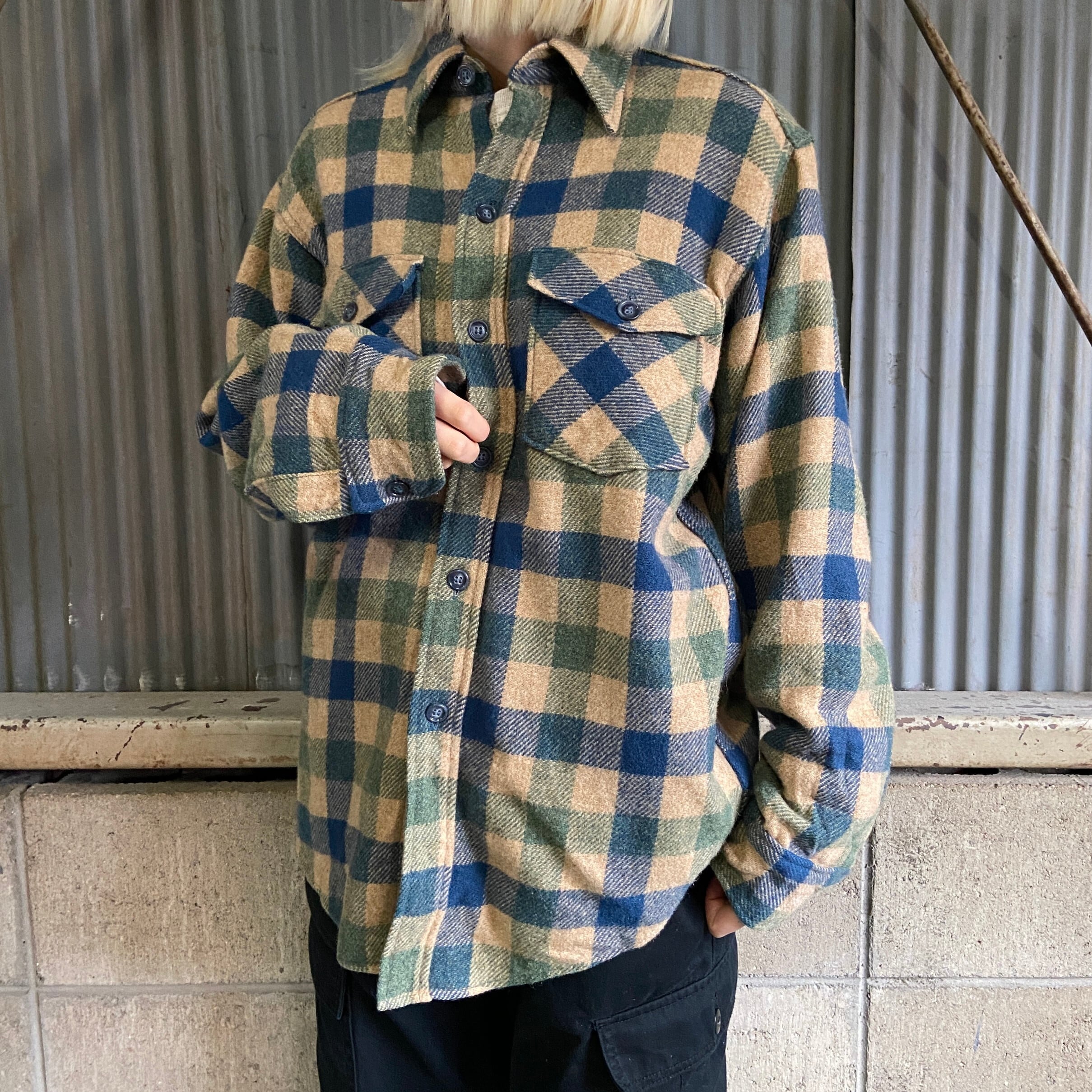 70年代 USA製 WOOLRICH ウールリッチ チェック柄 ウールシャツ メンズM 古着 ヴィンテージ ビンテージ 70s  ベージュ×ブルー×グリーン【長袖シャツ】 | cave 古着屋【公式】古着通販サイト