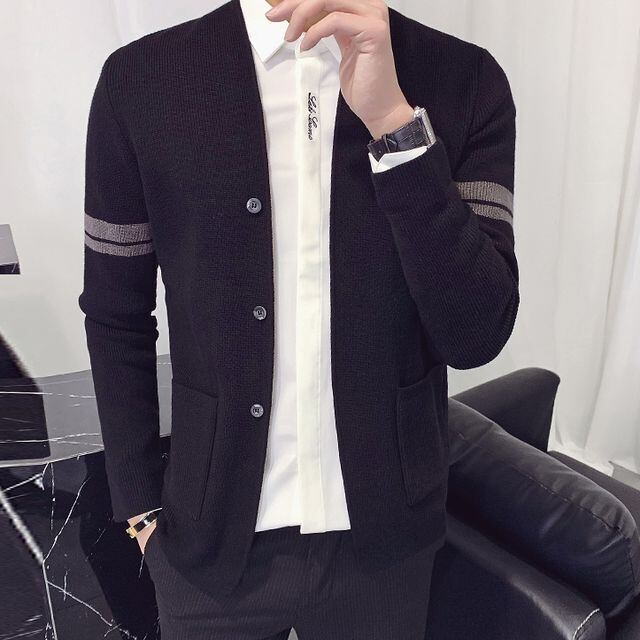 【予約販売】ニットカーディガン ライン アウター メンズ セーター カーディガン 羽織 防寒 こなれ感 お洒落 韓国 トレンド 春 秋 冬 M/L/XL/2XL/3XL/4XL