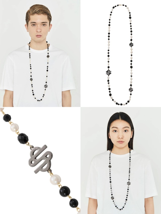 【SSAUCE】Triple Charm Long Pearl Necklace [BLACK & WHITE]