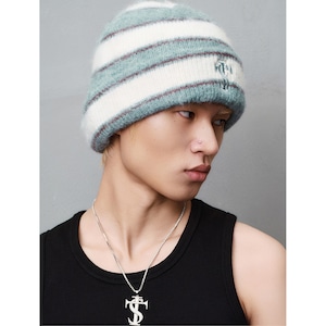 【DRIP6911】STKD Fuzzy Striped Logo Knit Beanie