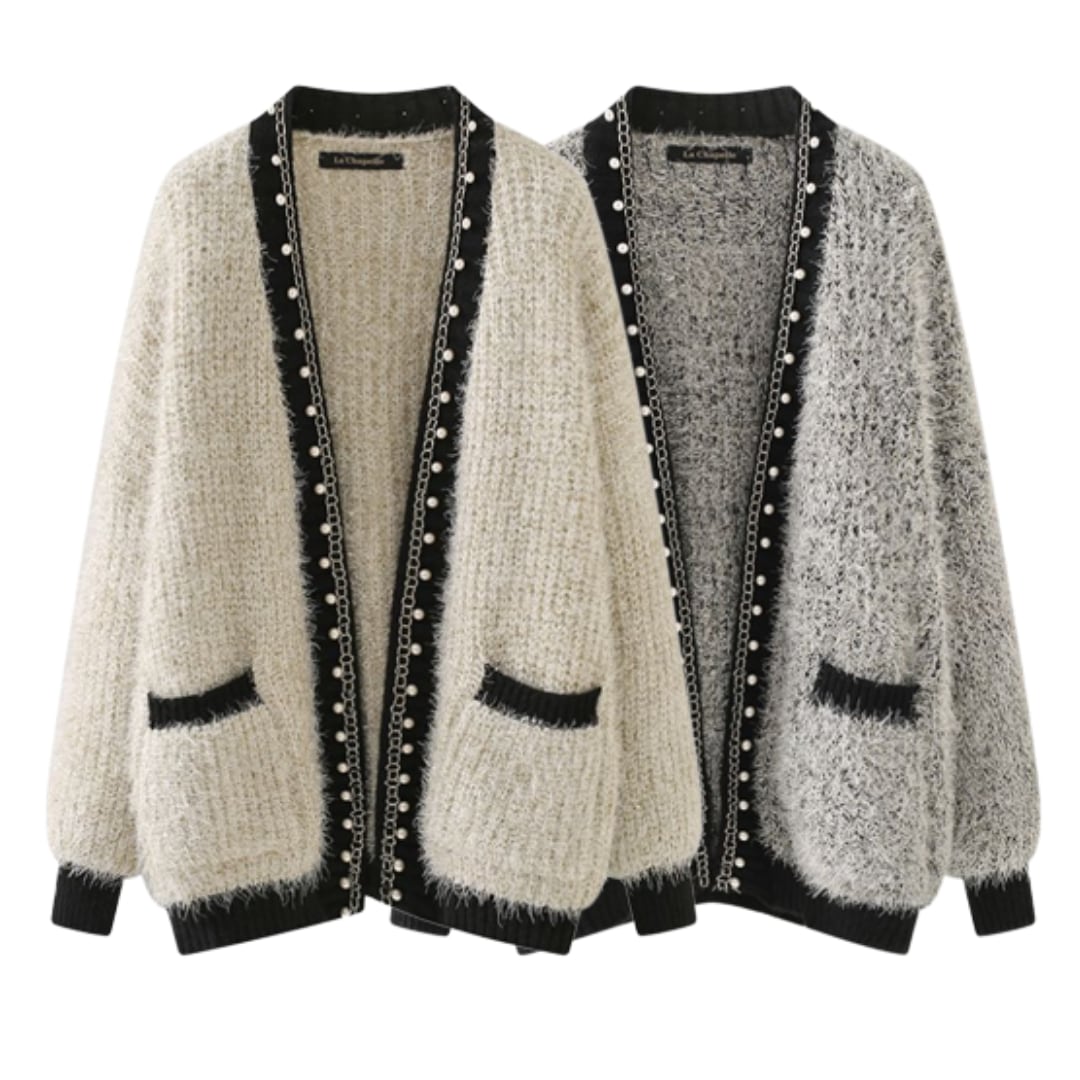 Pearl trim knit cardigan 2 colors V0525