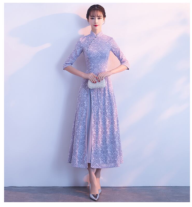 アオザイ ベトナム チャイナドレス 民族風 ロングドレス ワンピース 五分袖 二次会 入学式 卒業式 七五三 リゾート お呼ばれドレス パープル 紫色 大きいサイズ S M L Ll 3l 4l Elegant