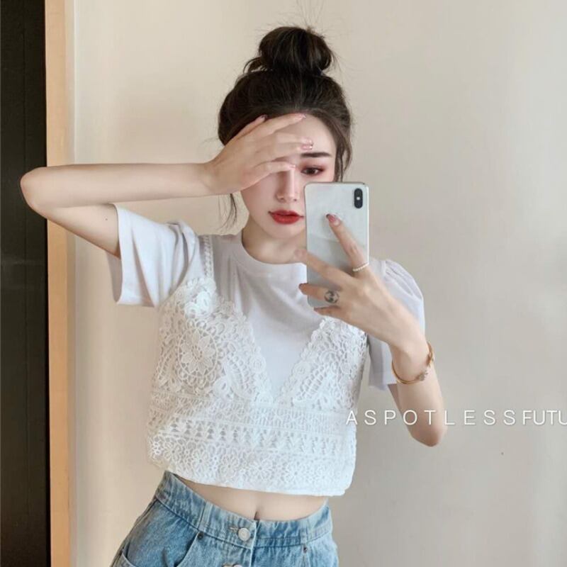 サマーレーススリーブショートTシャツ トップス レディース 夏物 ステッチ ハンチェンe12324037458