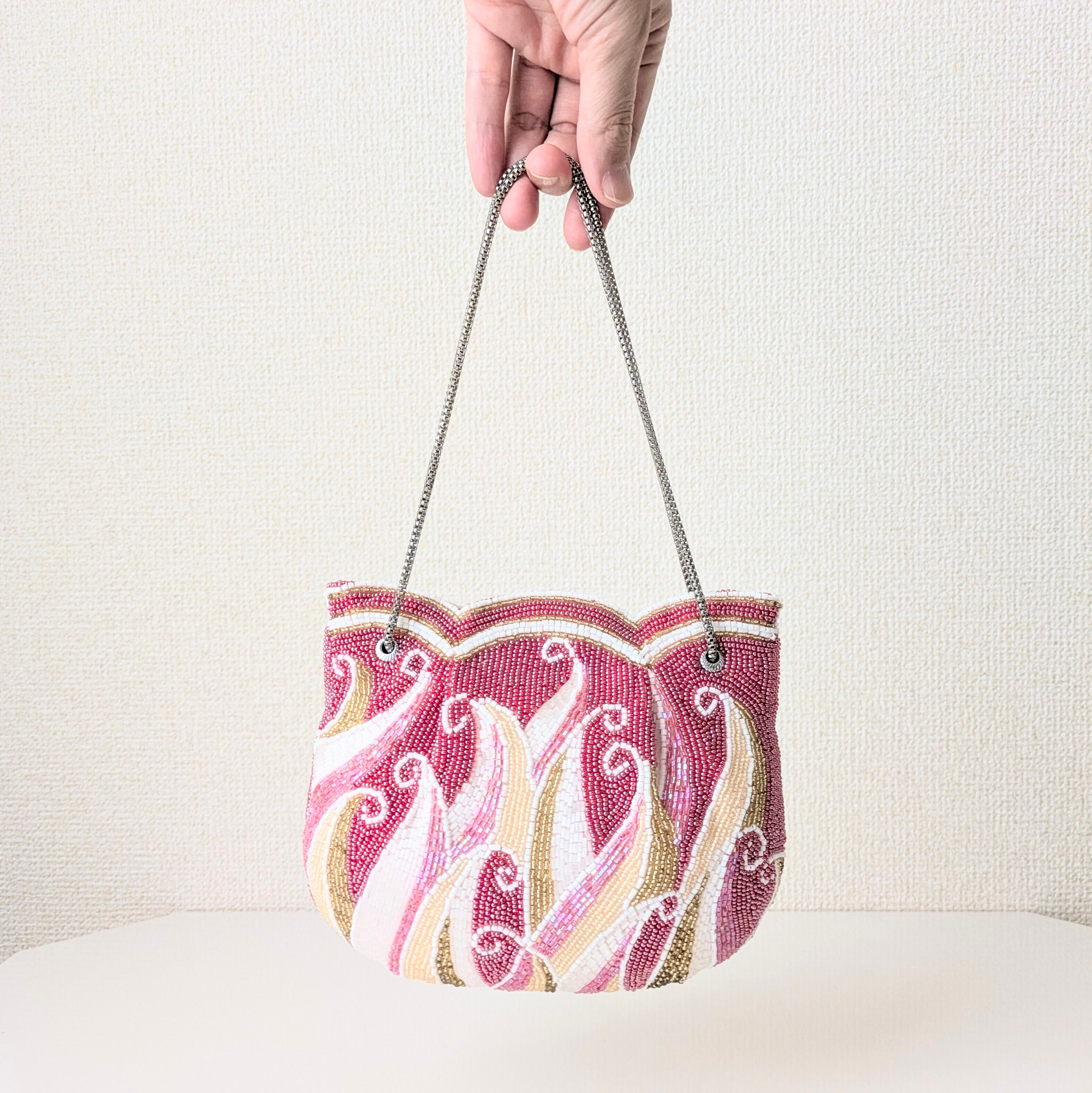 Vintage】ビーズ刺繍バッグ ピンク チューリップ型 パーティーバッグ