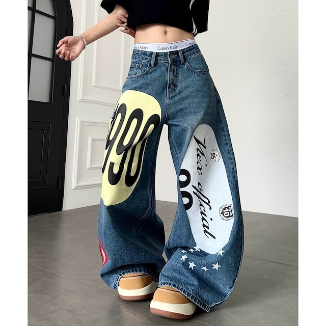 オーバルグラフィックダメージライクカーブデニムパンツ 2col R02531