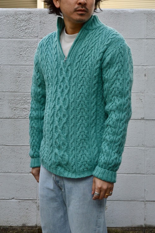 arancrafts 90s Harf Zip Fisherman Sweater Made in Ireland Merino Wool Turquoise アランクラフト 90年代 フィッシャーマンセーター