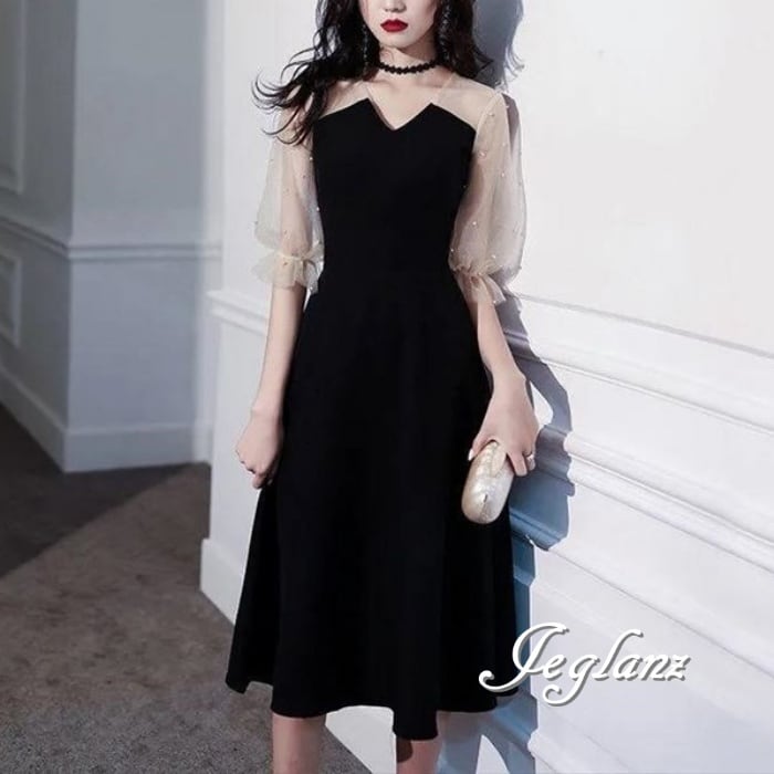 パーティドレス ワンピース 透け感 異素材 コンビ Aライン パール付き(M0052)ζ☆