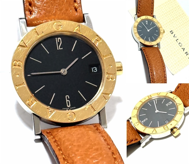 BVLGARI　ブルガリ ブルガリ　デイト　30mm　K18 YG SS ゴールド 金無垢　レザー　ブラック　純正　BB30SGLD　時計　メンズ 男女　コンビ