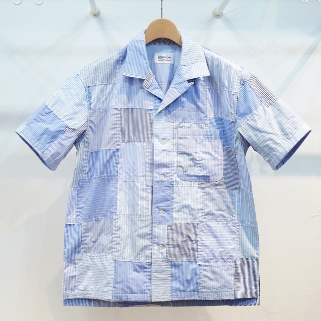 KUON（クオン）　手刺し子ストライプパッチワーク　キャンプカラーシャツ