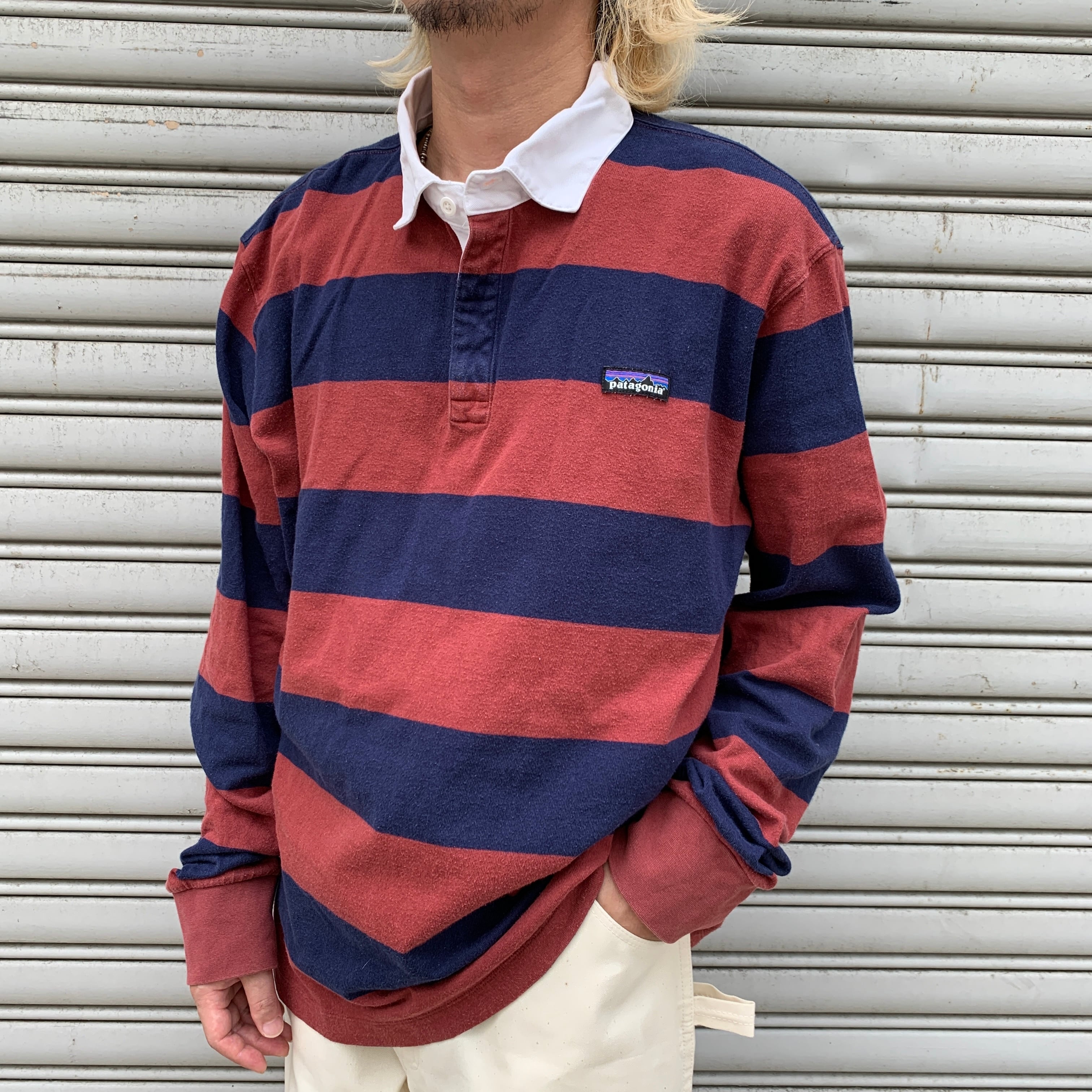 好配色☆パタゴニア 刺繍ロゴ ボーダー ラガーシャツ L patagonia パタゴニア ボーダー柄ラガーシャツ 太ボーダー エンジ XL