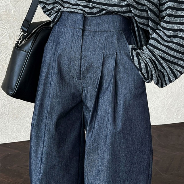 high-waisted tuck wide denim pants L0573