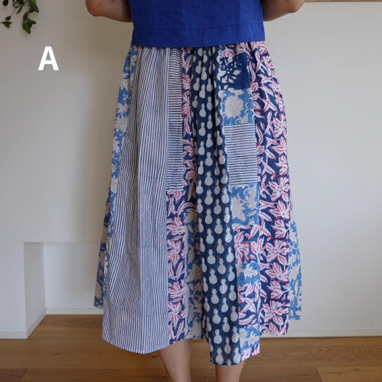 布つなぎ ブロックプリントのギャザースカート - 3