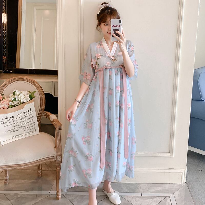 【新作】【送料無料】 マタニティウェア2020夏新作シフォンフラワーVネック漢服ドレス、トレンディなマザーミドル丈ドレス妊婦-アリババ サマー 夏物 フラワーデザイン expec257317482319