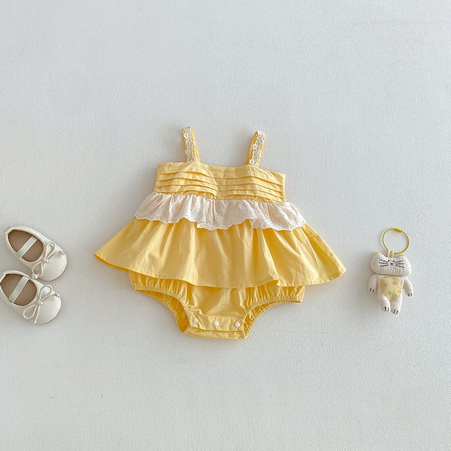 【BABY】イエローレースフリルキャミソールロンパース - 4