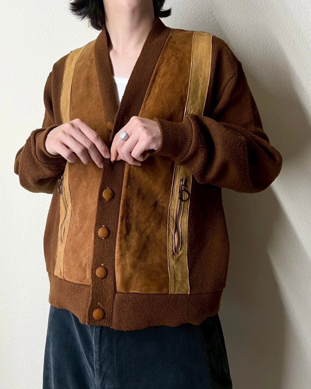 60s Sportwear Leather×Knit Cardigan