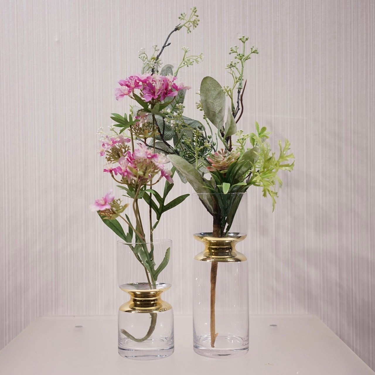 中古】フラワーベース 2個セット 造花付き 花瓶 ガラス クリア