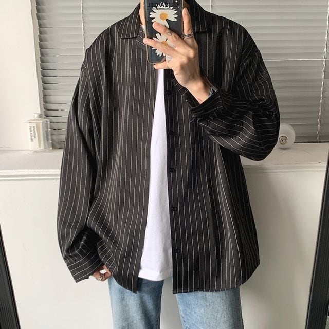 【予約販売】オープンカラーシャツ 長袖 シック メンズ オーバーサイズ ホワイト ブラック ストライプ柄 カジュアル シンプル こなれ感 お洒落 韓国 トレンド 春 夏 秋 M/L/XL/2XL