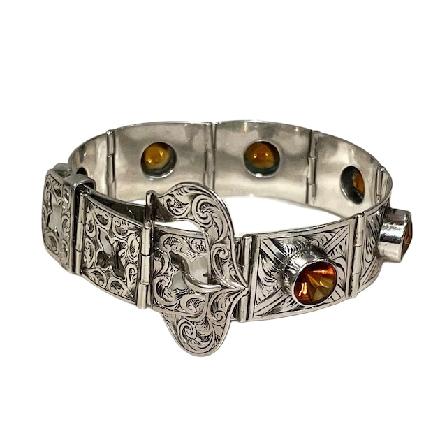 antique victorian engraved silver belt bracelet set with citrine