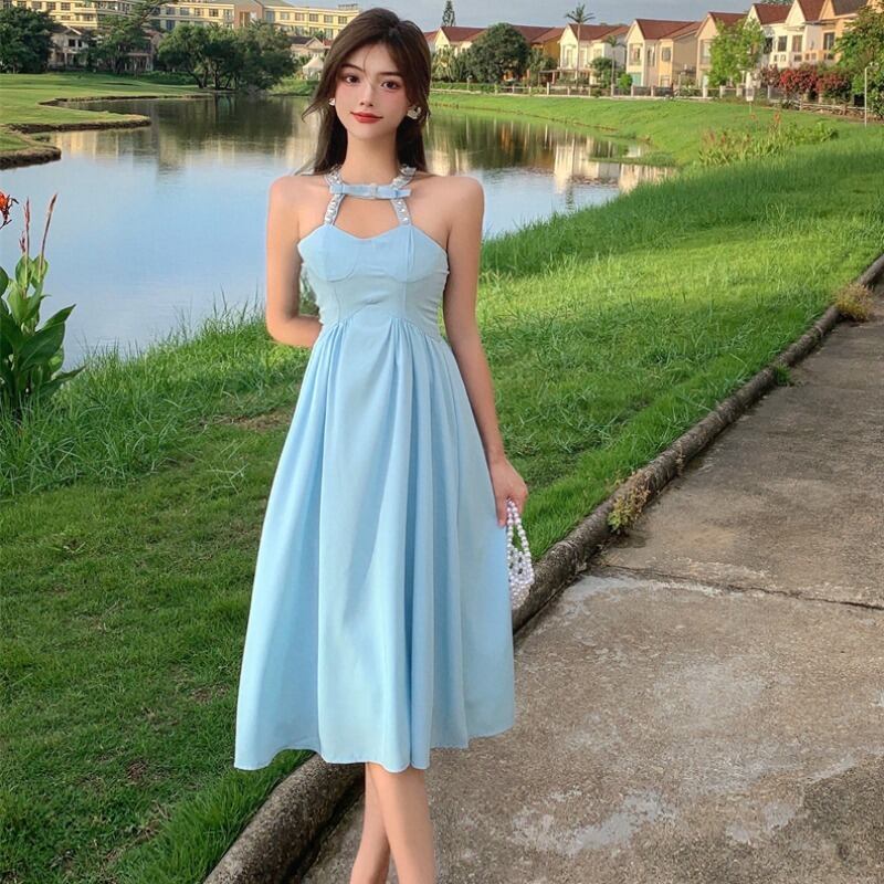 スタイルホルタートップス リボン薄手Aラインドレス レディース ハンチェンe32671588448