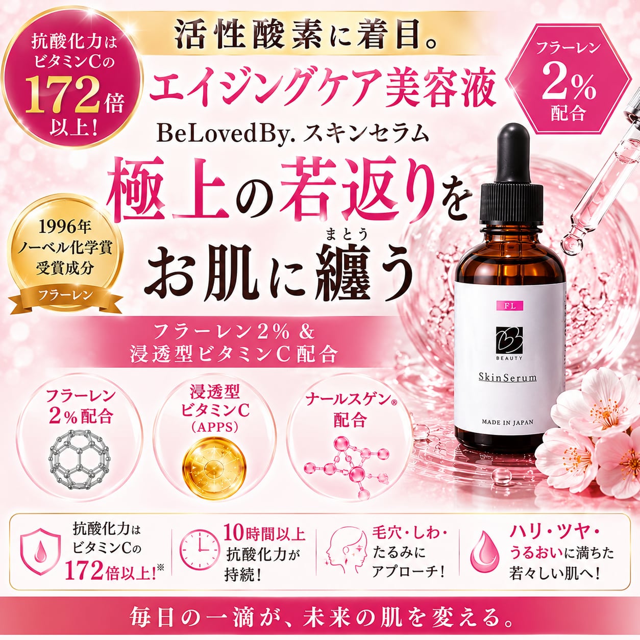 ビーラブドバイ　fullerene APPs スキンセラム 60mL ビタミンCの172倍の抗酸化力♥スキンセラムFL 美容液 60mL Be Loved By