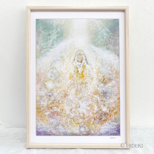 【額入り】神様の絵『玉依姫尊』HIDEKI 直筆サイン入り HYMジクレー ヒーリングアート スピリチュアルアート（A3サイズ / 魂を宿す女神・龍神の光 / 乳白アッシュ額縁・UVカットアクリル仕様）