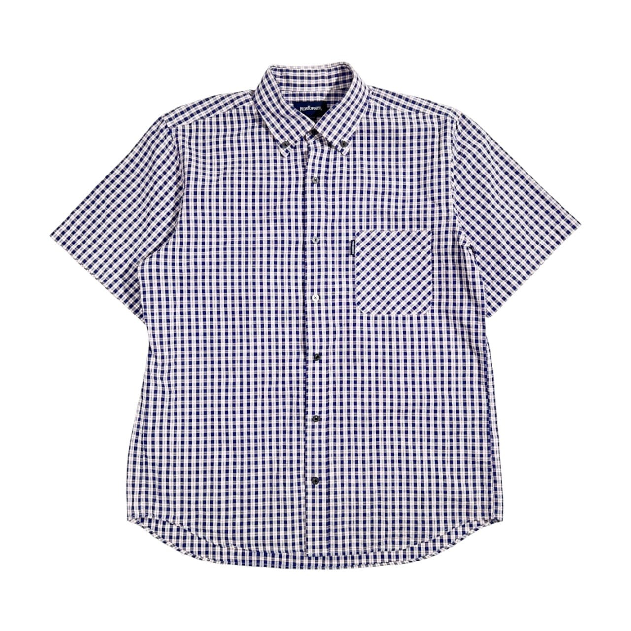 NEWYORKER ニューヨーカー ギンガムチェック柄 シアサッカー BD ボタンダウン 半袖 シャツ EX.LARGE /ブルー レッド系 メンズ