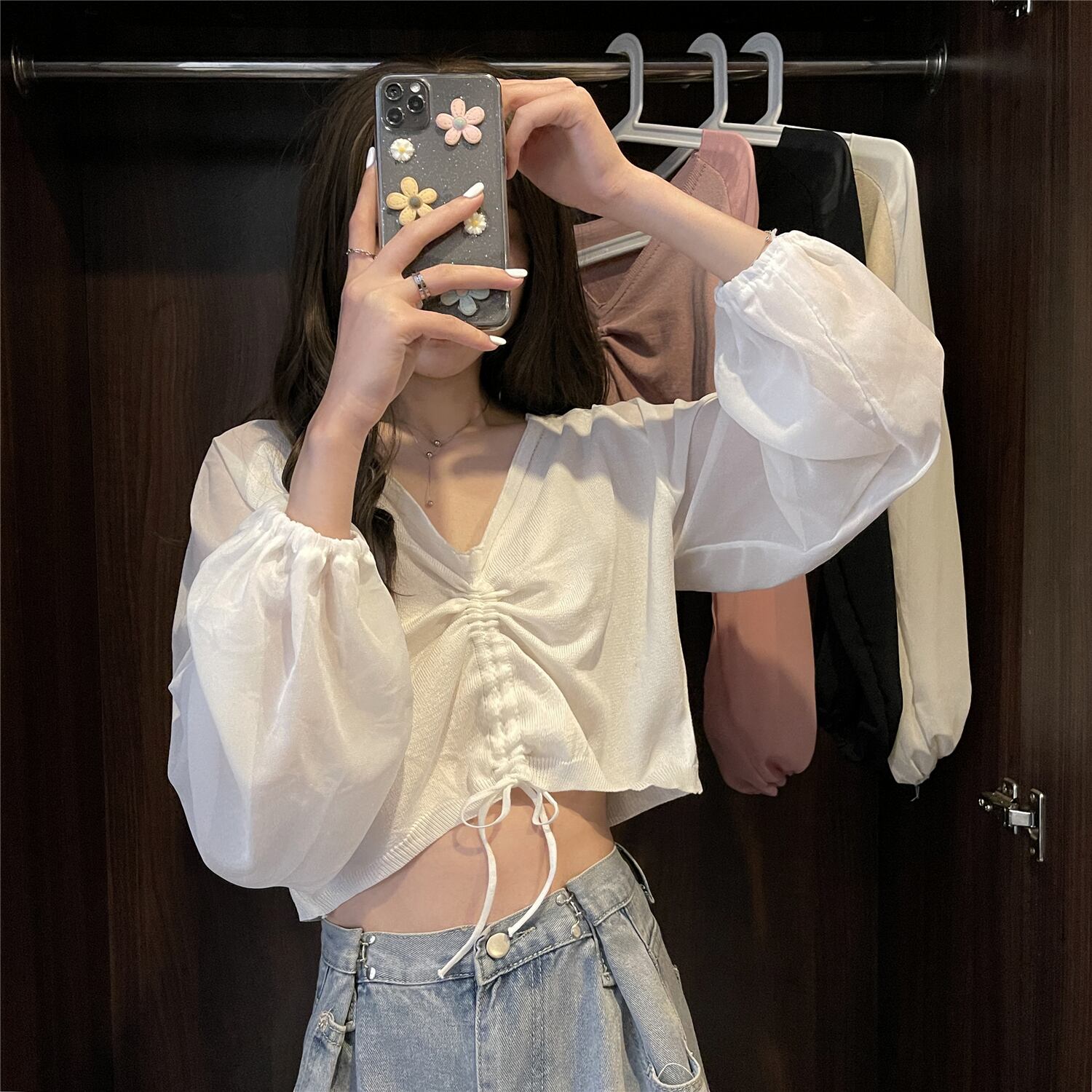 Vネックシフォンシャツ レディースサマー薄手ハイウェストウェストショートギャザートップス ロング 夏物 YY-ファッション30067783228