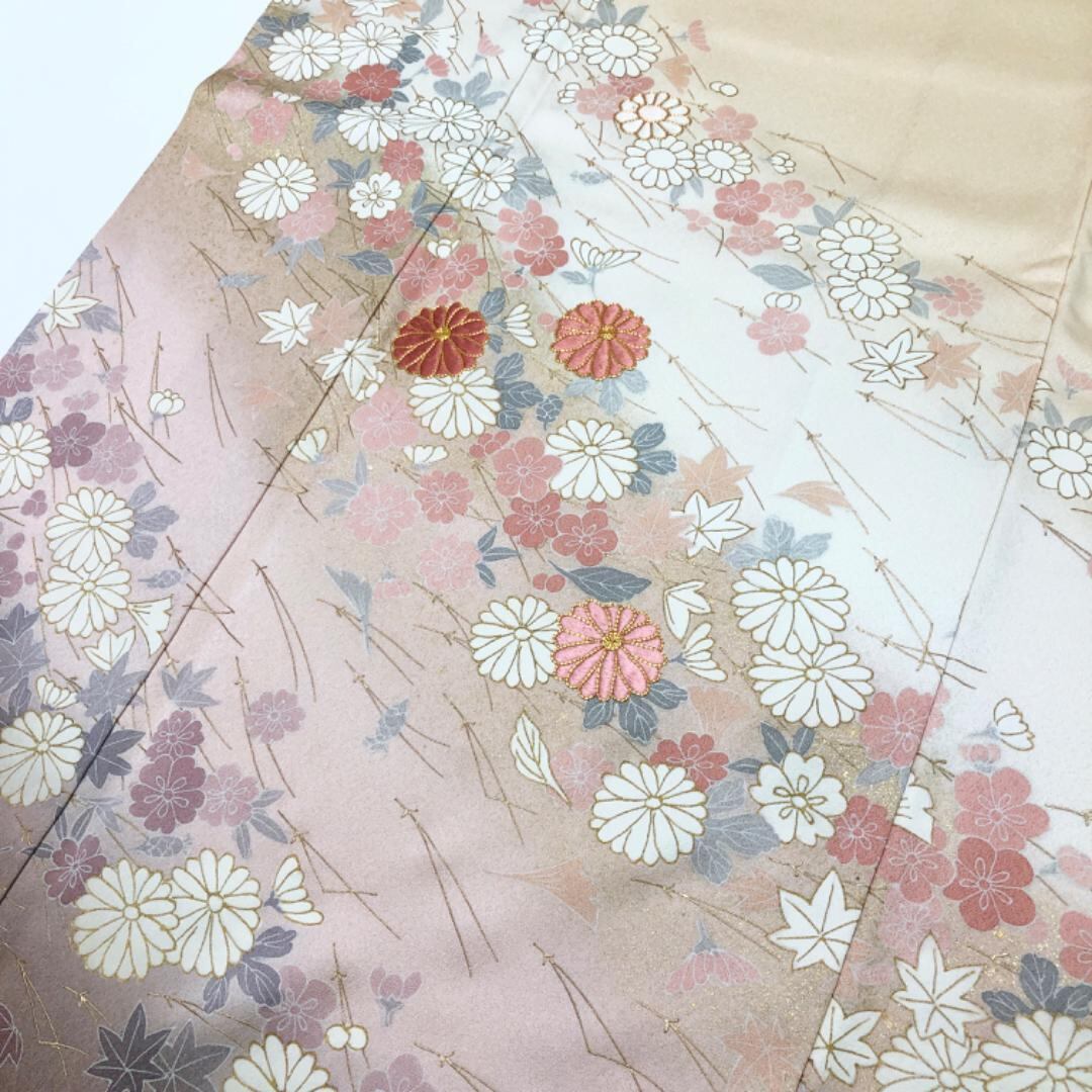 訪問着 美しい花模様 松葉 刺繍 金駒 ガード加工 金彩 麹色 K-5274 訪問着 美しい花模様 松葉 刺繍 金駒 ガード加工 金彩 麹色 K