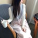 【2点セット】ハイネックニットトップス+切替リボンドットノースリーブワンピ ・78988