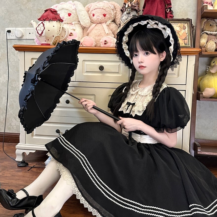 ゴスロリワンピース｜レース襟×付け袖 ブラック×アイボリー お茶会向け