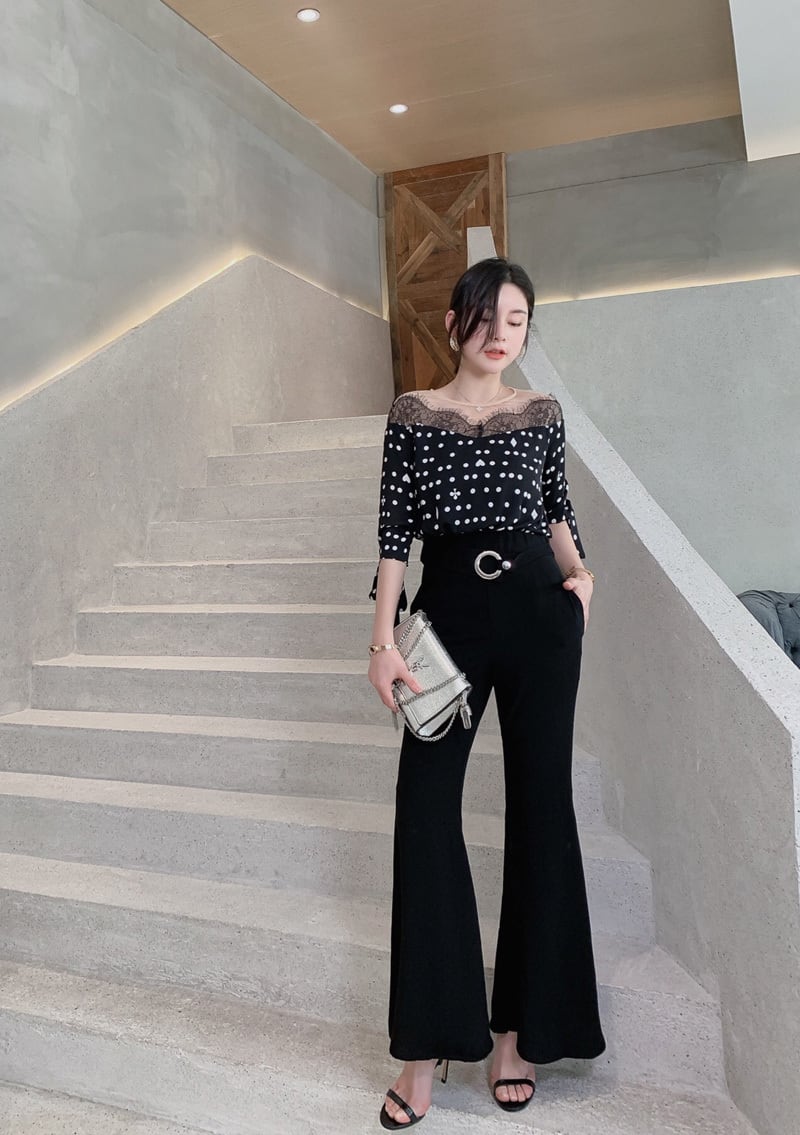 ジャンプスーツ オールインワン ベルボトム オフショル風 水玉